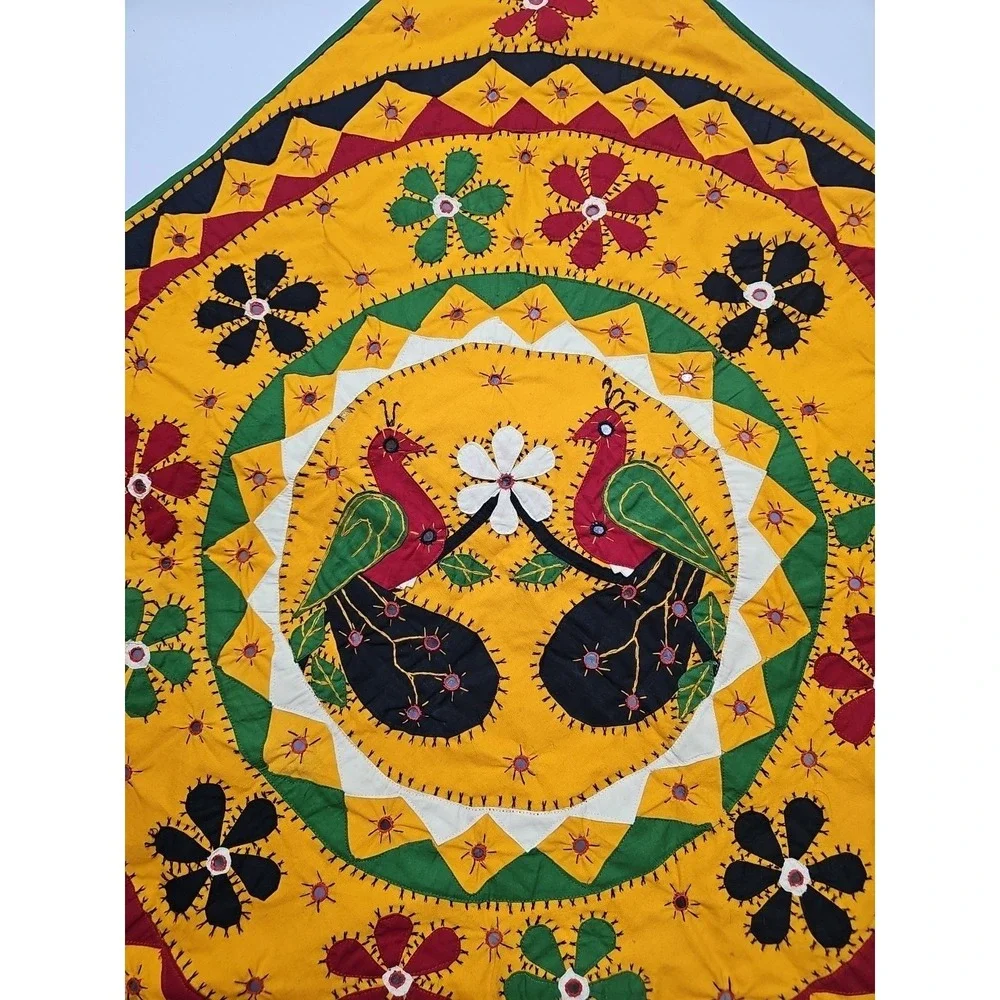 Indian‎ Applique Embroidered Peacock Flowers Wall Hanging 32